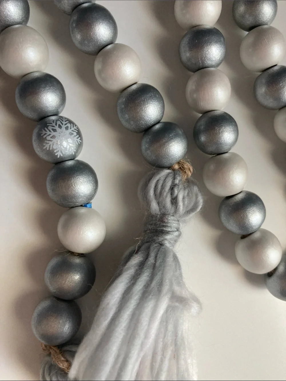 Handmade Farmhouse wooden Beads Garland Set of 3 Silver White Tassels